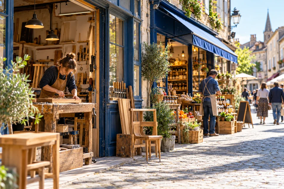 Illustration de commerces de proximité et d’un atelier artisanal dans une rue française.