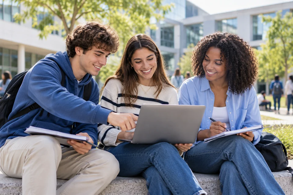 Illustration générée : Des jeunes adultes travaillent ensemble sur un campus.