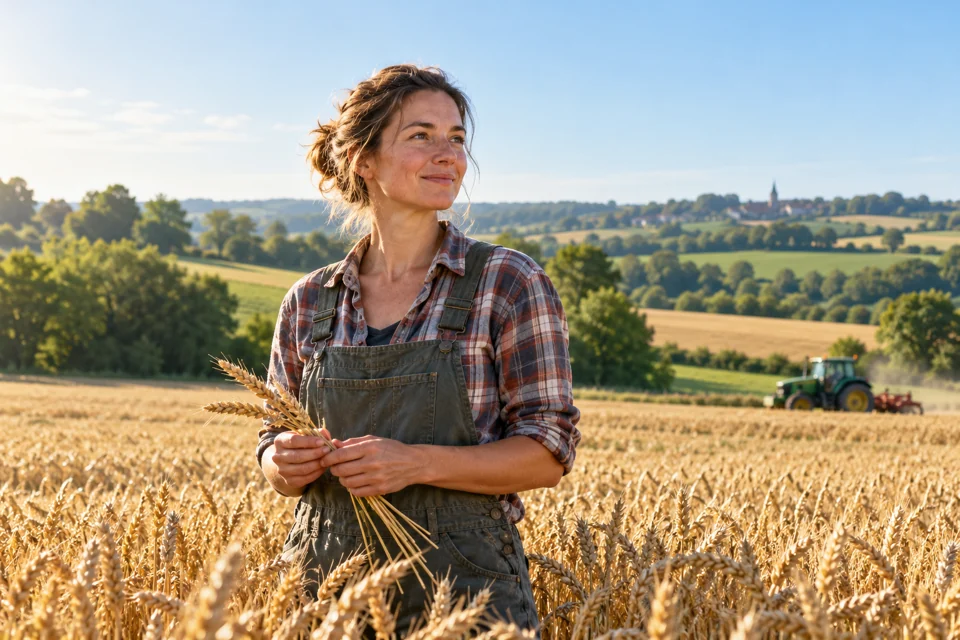 Illustration générée : Une agricultrice dans un champ de blé.